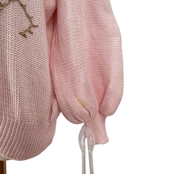 1980s Vintage Floral Hand Embroidered Granny Chunky Cardigan Sweater Pastel Pink - Picture 7 of 12